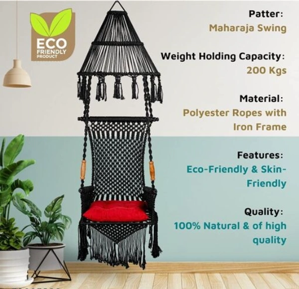The Elegant Curio Centre Premium Maharaja Hanging Swing -Black with Polyester Ropes & Mild Steel Frame Chair with Heavy Duty Stainless Steel Hanging Accessories And Cushion has a unique design, - Free Size, Black, Polyester Rope With Iron Frame, Pack of 1